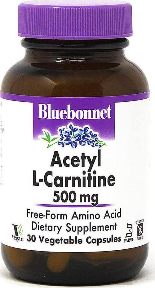 Bluebonnet Nutrition Acetyl L-Carnitine, Transports Fatty Acids, Boosts Cellular Energy, Soy and Gluten-Free, Kosher Certified, Vegan, 30 Vegetable Capsules, White, 500mg