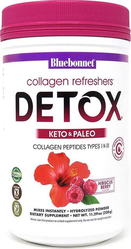 Bluebonnet Nutrition Collagen Refreshers Detox Powder, Keto and Paleo, Cleanse Support*, Soy-Free, Gluten-Free, Non-GMO, Grass-fed Cows, Pasture Raised, 11.29 oz, 20 Servings, Hibiscus Berry Flavor