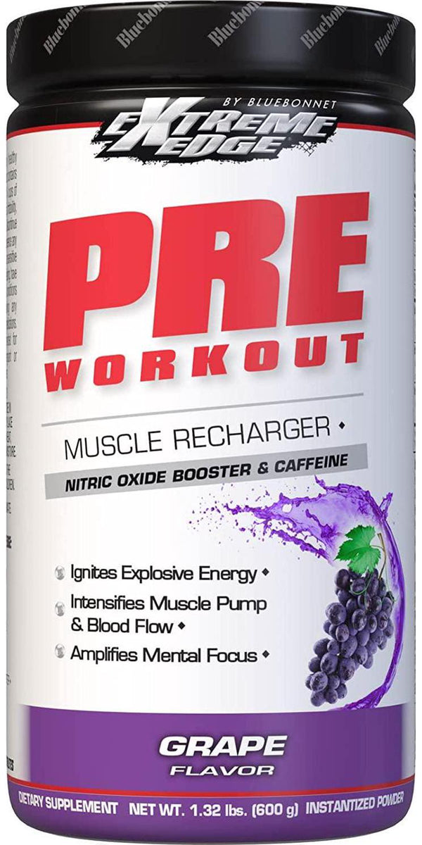 Bluebonnet Nutrition Extreme Edge Pre workout, Muscle Recharging Formula*, Increases Nitric Oxide (NO) levels*, Soy-Free, Dairy-Free, Grape, 1.32 LB, 60 Servings