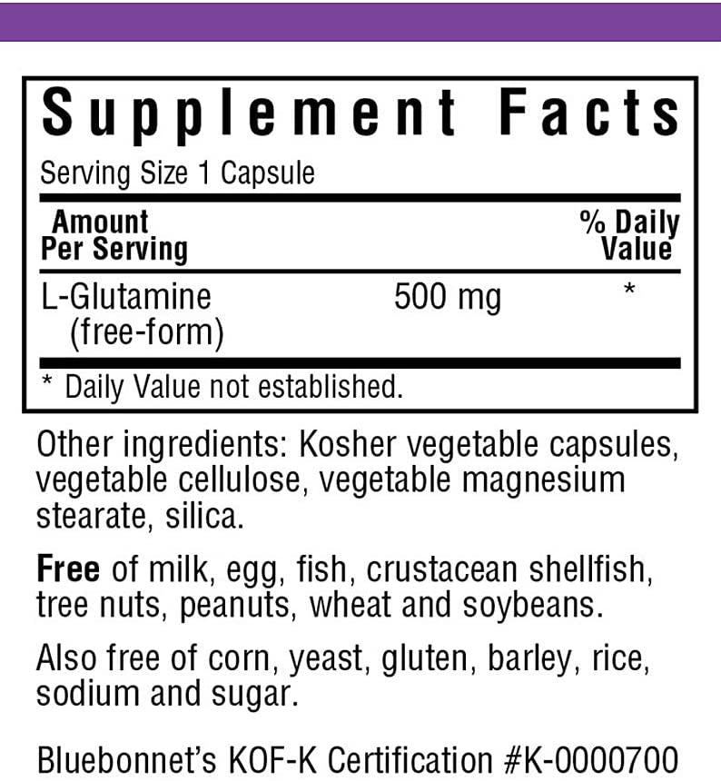 Bluebonnet Nutrition L-Glutamine 500mg, Supports Immune Function*, Nitrogen Transporter*, Soy-Free, Gluten-Free, Non-GMO, Kosher Certified, Vegan, 100 Vegetable Capsules, 100 Servings