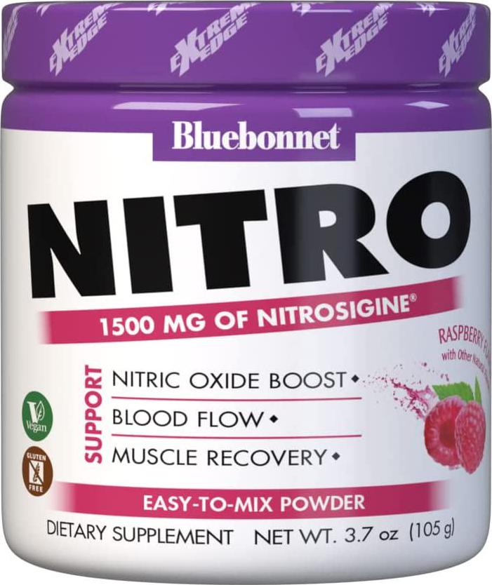 Bluebonnet Nutrition Nitro Powder, Nitric Oxide Precursor*, Increase Blood Flow*, Soy-Free, Gluten-Free, Vegan, Raspberry Flavor, 3.7 oz, 30 Servings