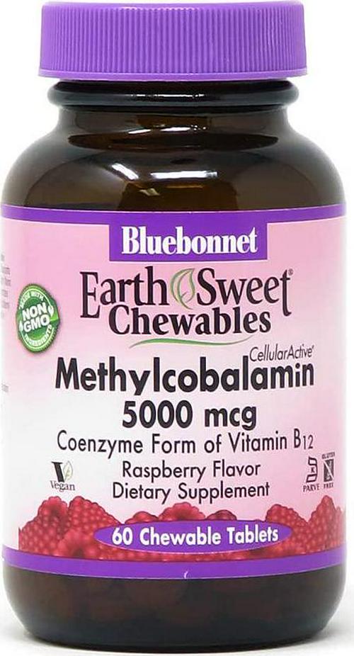 Bluebonnet Nutrition EarthSweet Methylcobalamin 5,000 mcg Active Coenzyme Form of Vitamin B12 Supports Energy Boost and Metabolism - Vegan, Gluten-Free - Raspberry Flavor - 60 Chewable Tablets