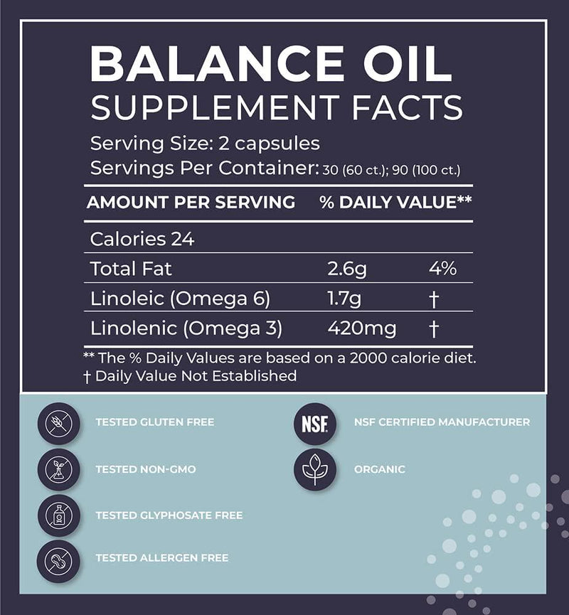 BodyBio Balance Oil | Essential Fatty Acids Omega 3 and 6 | Cold Pressed | Organic Safflower and Flax Seed Oil Blend for Brain and Mood Support and Cellular Health | 60 Softgels