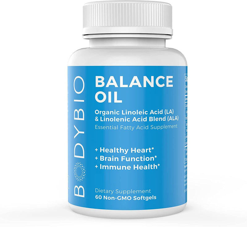 BodyBio Balance Oil | Essential Fatty Acids Omega 3 and 6 | Cold Pressed | Organic Safflower and Flax Seed Oil Blend for Brain and Mood Support and Cellular Health | 60 Softgels