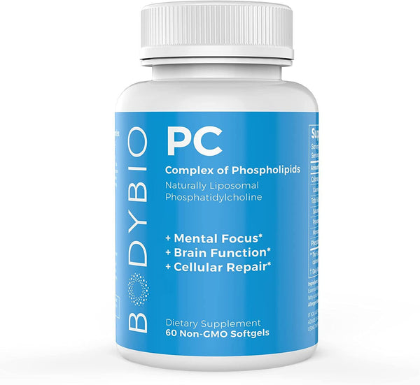 BodyBio - PC Phosphatidylcholine + Phospholipids - Liposomal for High Absorption - Optimal Brain and Cell Health - Boost Memory, Cognition, Focus and Clarity - 100% Non-GMO - 60 Softgels