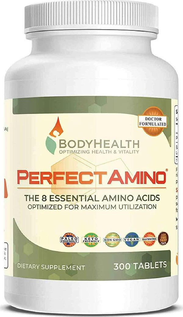 BodyHealth PerfectAmino (300 Tablets) 8 Essential Amino Acids Supplements with BCAA, Increase Muscle Recovery, Boost Energy and Stamina, 99% Utilization, Vegan Branched Chain Protein Pre/Post Workout