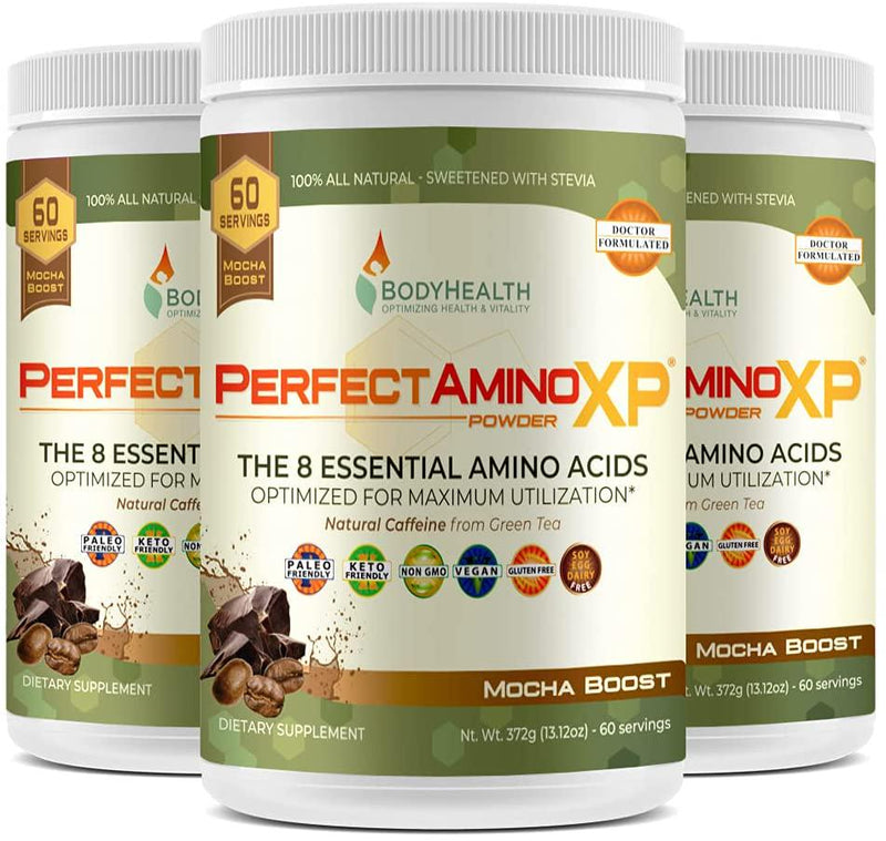 BodyHealth PerfectAmino XP Mocha Boost (60 Serving), Best Pre/Post Workout Recovery Drink, 8 Essential Amino Acids Energy Supplement with 50% BCAAs, 100% Organic, 99% Utilization