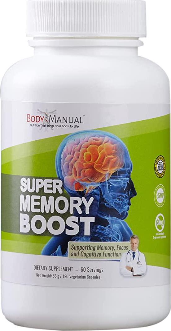 BodyManual Super Memory Boost | Enhances Brain Function and Memory | Formulated with Tumeric and Pterostilbene to Reduce Inflammation | Gluten, Soy, and Dairy Free (Capsule)