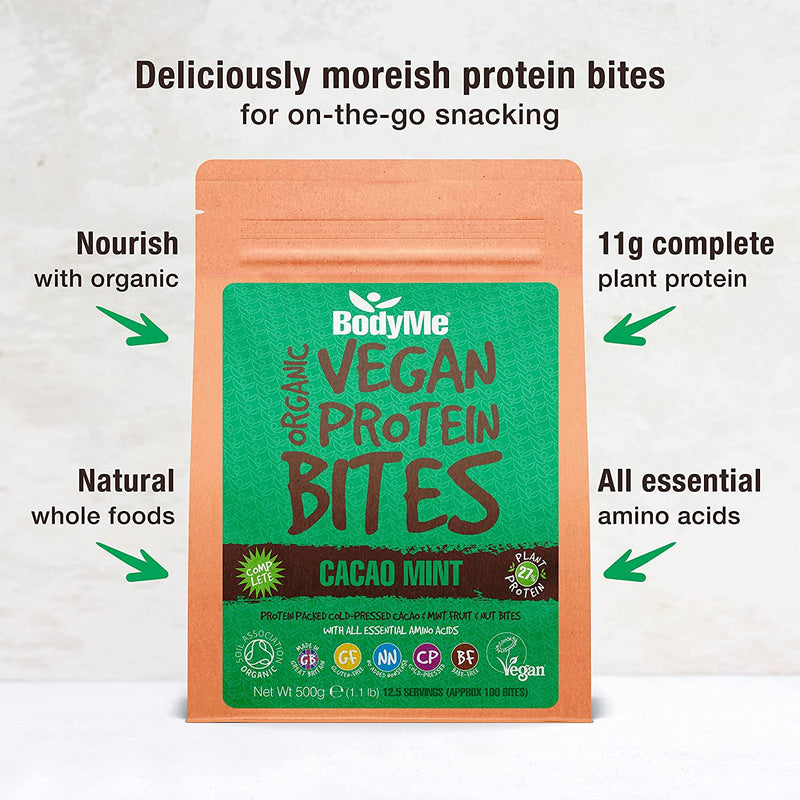 BodyMe Organic Vegan Protein Bites | Raw Cacao Mint | 500g (100 Bites) | With 3 Plant Proteins