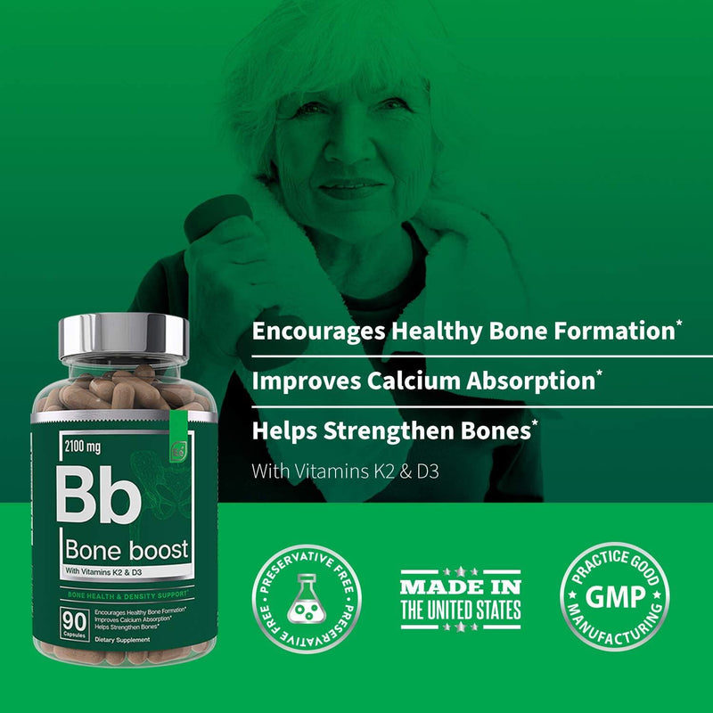 Bone Boost Bone Health Supplement - Calcium, Vitamin D3, K2, Cissus Quadrangularis | Essential Elements for Bone Strength - 90 Capsules (30 Day Supply)