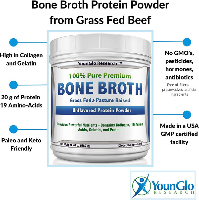 Bone Broth Protein Powder from Grass Fed Beef - 20oz - High in Collagen and Gelatin - Paleo and Keto Friendly - (1 Pack Unflavored)