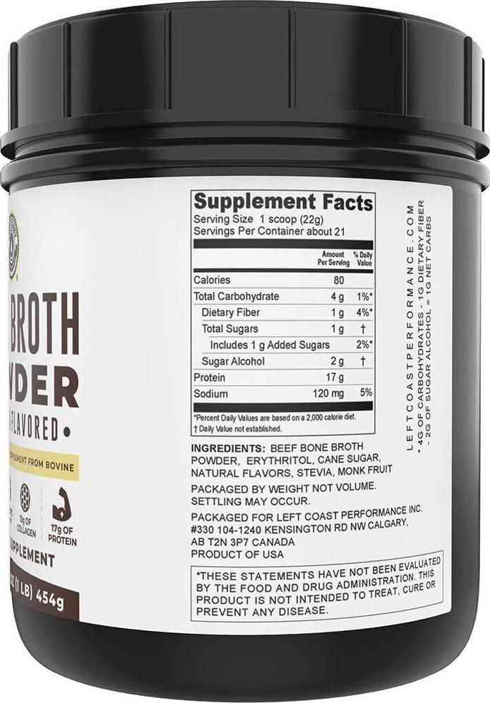 Bone Broth Protein Powder Vanilla 16Oz, Grass Fed - Non-GMO, Gut-Friendly, Dairy Free Protein Powder, Left Coast Performance