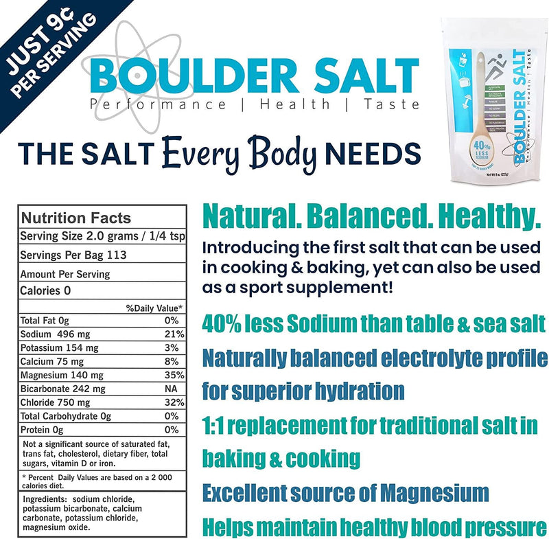 Boulder Salt Electrolyte Powder and Hydration Pack | Oral Rehydration | Natural Alkaline Salt for Energy and Stamina | No Sugar | 8oz Bag | 113 Servings