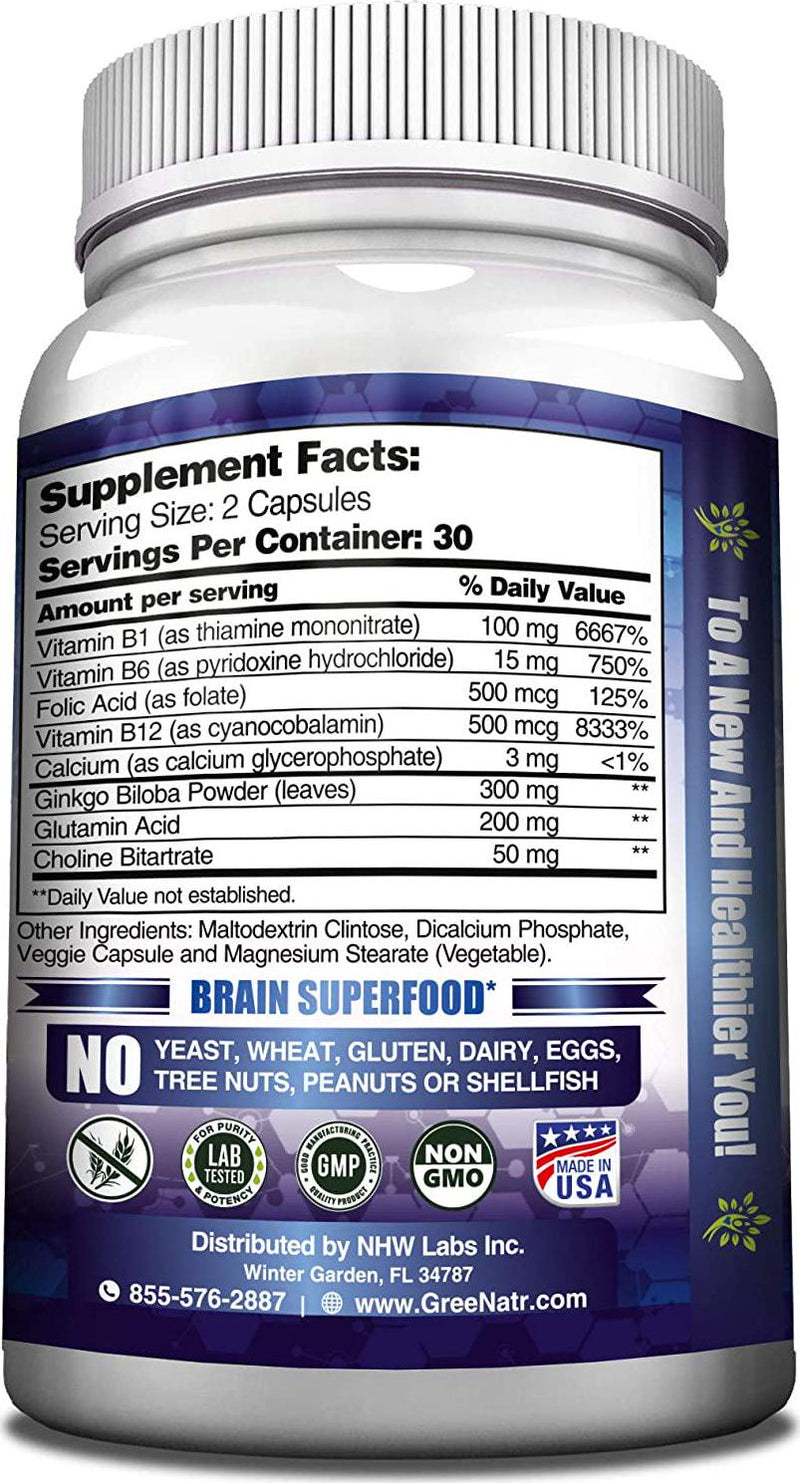 Brain Supplement to Enhance Memory, Energy, Focus and Clarity with b12 Vitamin (1 Bottle)
