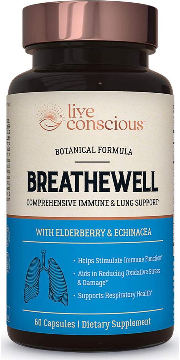 BreatheWell Botanical Respiratory Immune Supplement | with Echinacea, Elderberry, Zinc | Antioxidant Immune System Support Vitamins - by Live Conscious - 60 Capsules