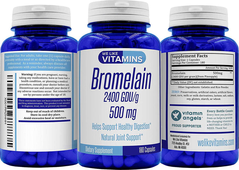 Bromelain 500mg - 180 Capsules - Bromelain Supplement - Proteolytic Enzymes from Pineapple Supporting Nutrient Absorption and Digestion 2400 GDU/g