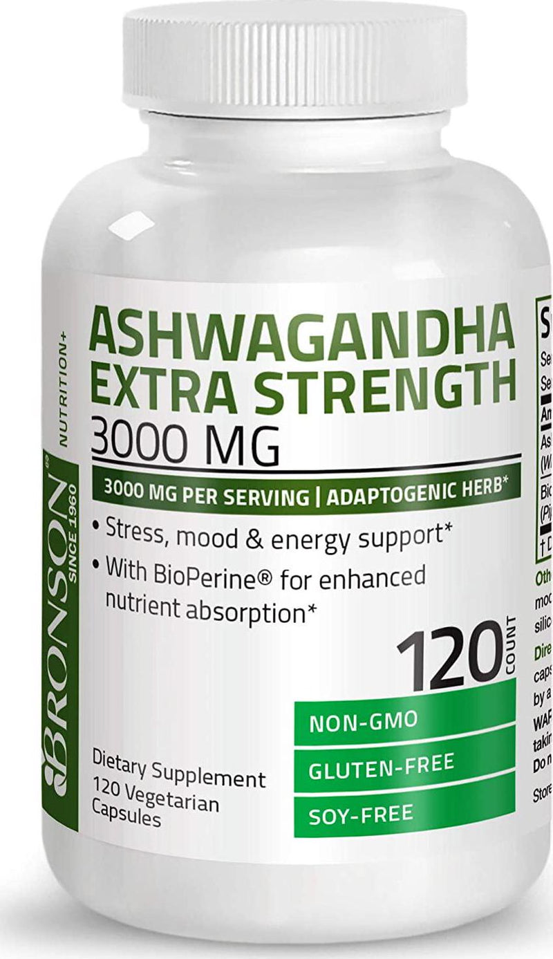 Bronson Ashwagandha Extra Strength 3000 mg per Serving, Stress and Mood Support with BioPerine - Non GMO, 120 Vegetarian Capsules