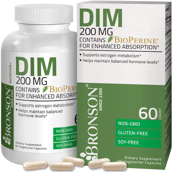 Bronson DIM 200 mg with BioPerine for Enhanced Absorption - Diindolymethane - Estrogen Metabolism and Maintains Balanced Hormone Levels, 60 Vegetarian Capsules