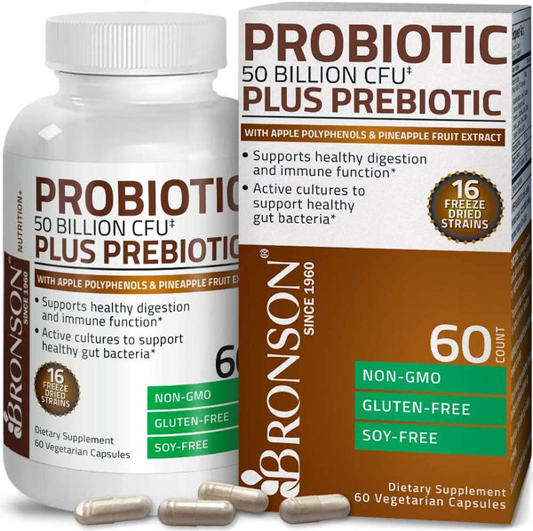 Bronson Probiotic 50 Billion CFU + Prebiotic with Apple Polyphenols and Pineapple Fruit Extract Non-GMO Gluten-Free Soy-Free, 60 Vegetarian Capsules