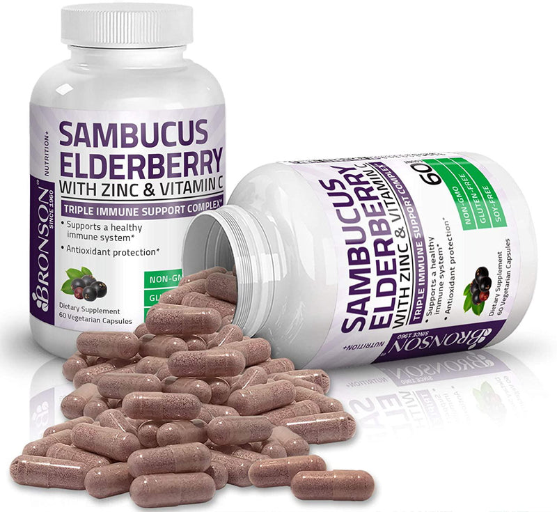 Bronson Sambucus Elderberry with Zinc and Vitamin C Triple Immune Support Complex Immune and Antioxidant Protection, Non-GMO, 60 Vegetarian Capsules
