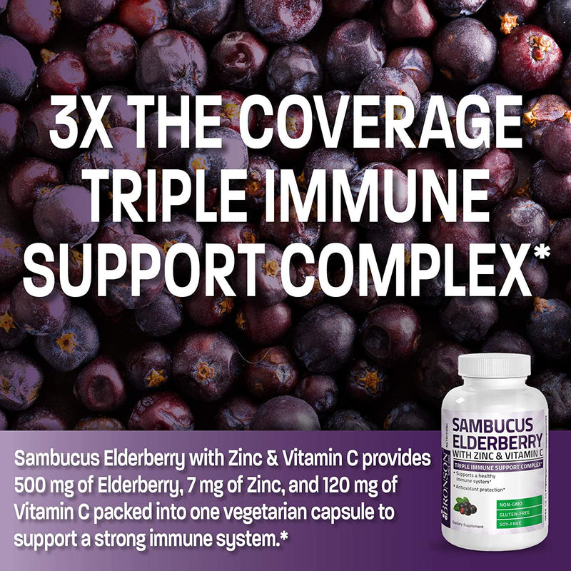 Bronson Sambucus Elderberry with Zinc and Vitamin C Triple Immune Support Complex Immune and Antioxidant Protection, Non-GMO, 60 Vegetarian Capsules