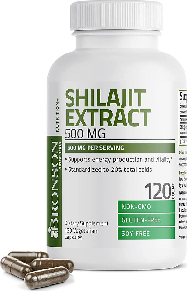 Bronson Shilajit Extract 500 MG Per Serving, Supports Energy Production and Vitality, Standardized to 20% Total Acids, Non-GMO, 120 Vegetarian Capsules