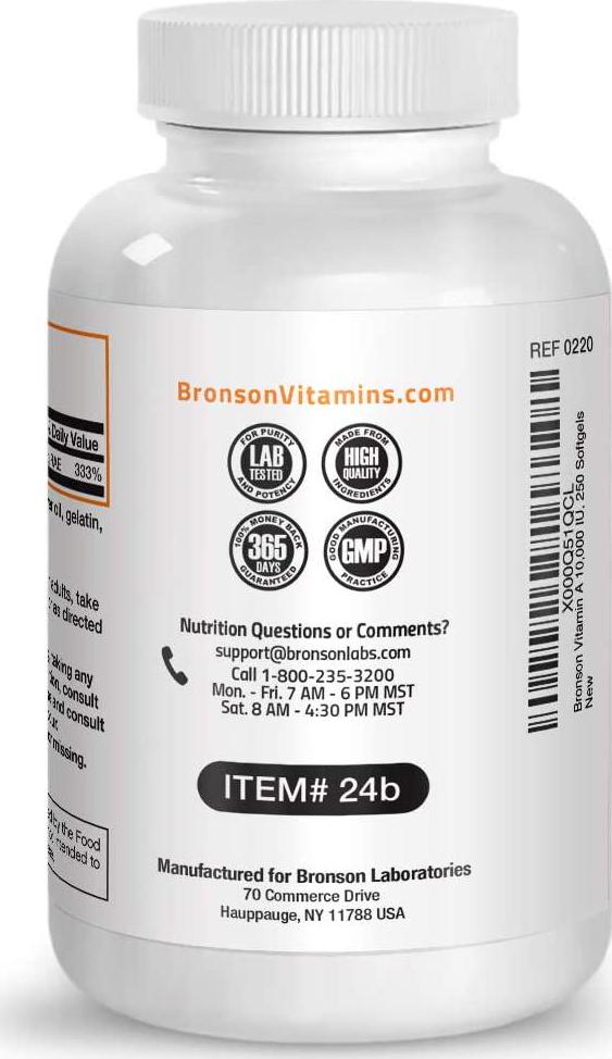 Bronson Vitamin A 10,000 IU Premium Non-GMO Formula Supports Healthy Vision and Immune System and Healthy Growth and Reproduction, 250 Softgels