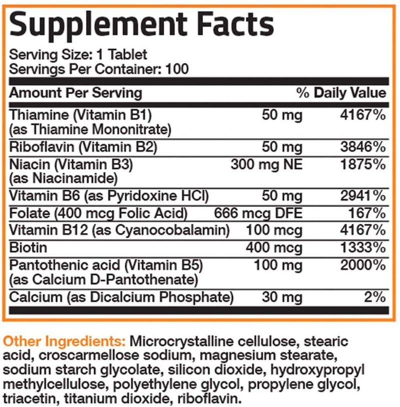 Bronson Vitamin B Complex (Vitamin B1, B2, B3, B6, B9 - Folic Acid, B12), 100 Tablets