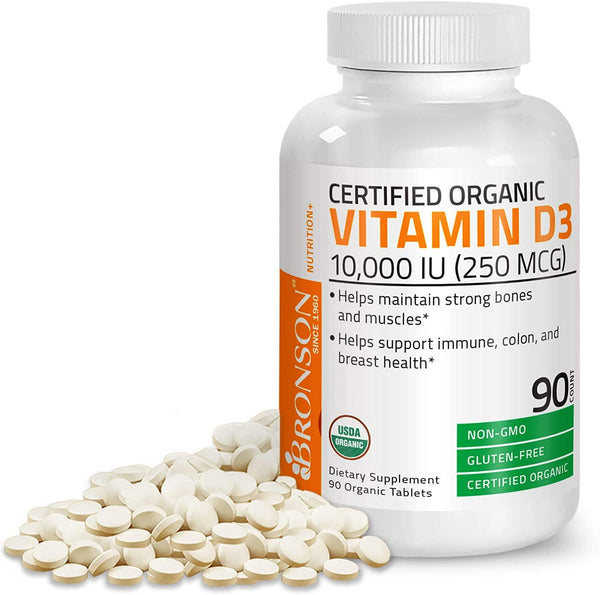 Bronson Vitamin D3 10,000 IU for Immune Support, Healthy Muscle Function and Bone Health, High Potency Organic Non-GMO Vitamin D Supplement, 90 Tablets