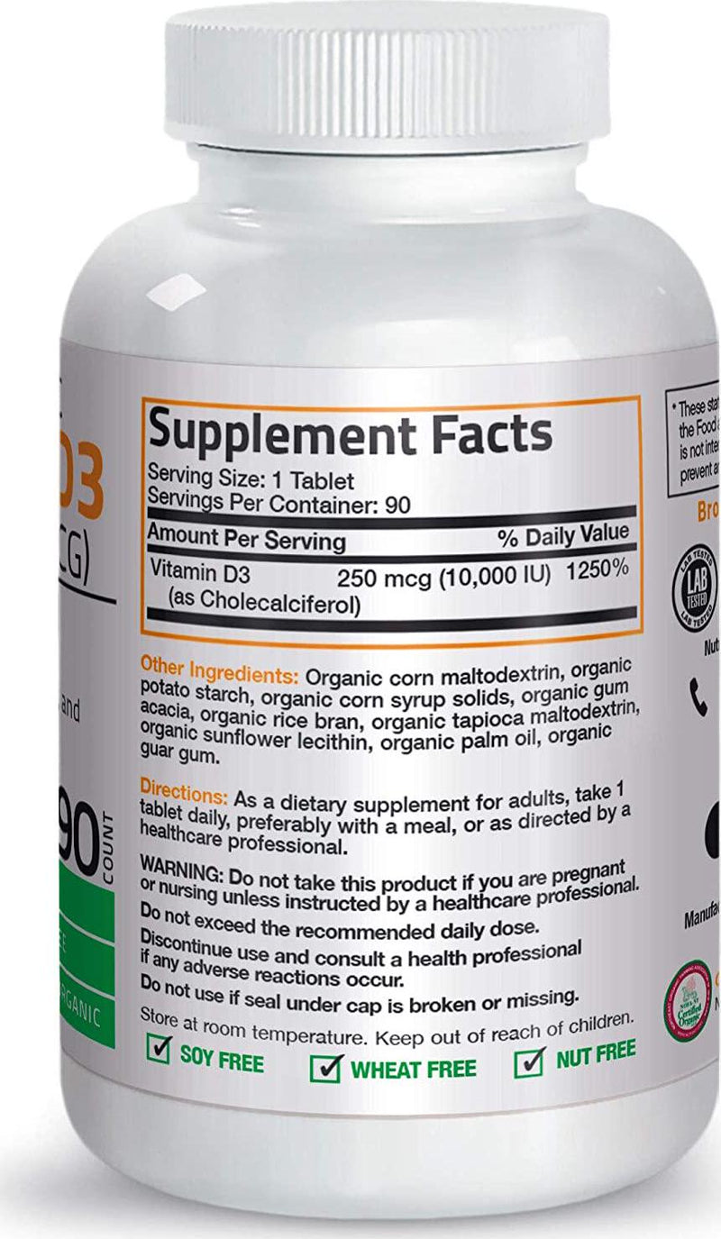 Bronson Vitamin D3 10,000 IU for Immune Support, Healthy Muscle Function and Bone Health, High Potency Organic Non-GMO Vitamin D Supplement, 90 Tablets
