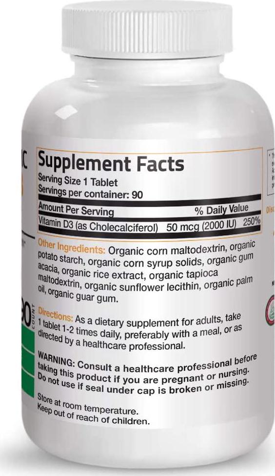 Bronson Vitamin D3 2000 IU Certified Organic Vitamin D, Non-GMO, USDA Certified, 90 Tablets