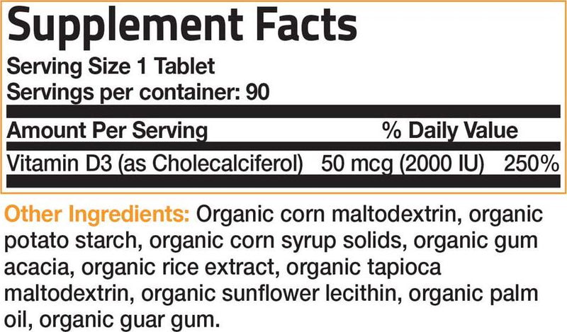 Bronson Vitamin D3 2000 IU Certified Organic Vitamin D, Non-GMO, USDA Certified, 90 Tablets