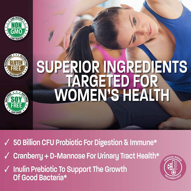 Bronson Women's Probiotic 50 Billion CFU + Prebiotic with Cranberry and D-Mannose – Vaginal Health, Healthy Digestion, Immune Function and Urinary Tract Support, Non-GMO, 60 Vegetarian Capsules