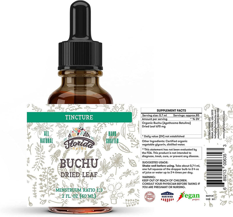 Buchu Tincture, Organic Buchu Extract (Agathosma Betulina) Dried Leaf Health Supplement, Non-GMO in Cold-Pressed Organic Vegetable Glycerin 2 oz, 670 mg
