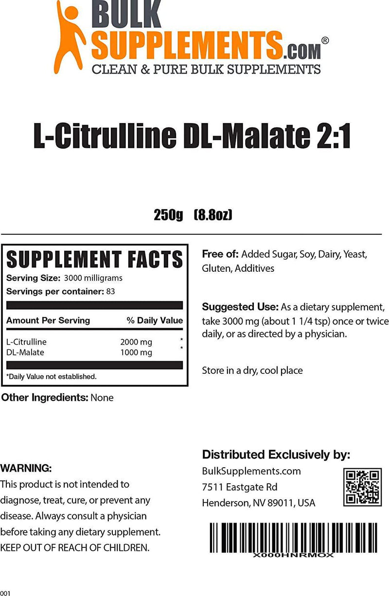 BulkSupplements L-Citrulline Dl-Malate 2:1 Powder Speed Up Workout Recovery (250 Grams)