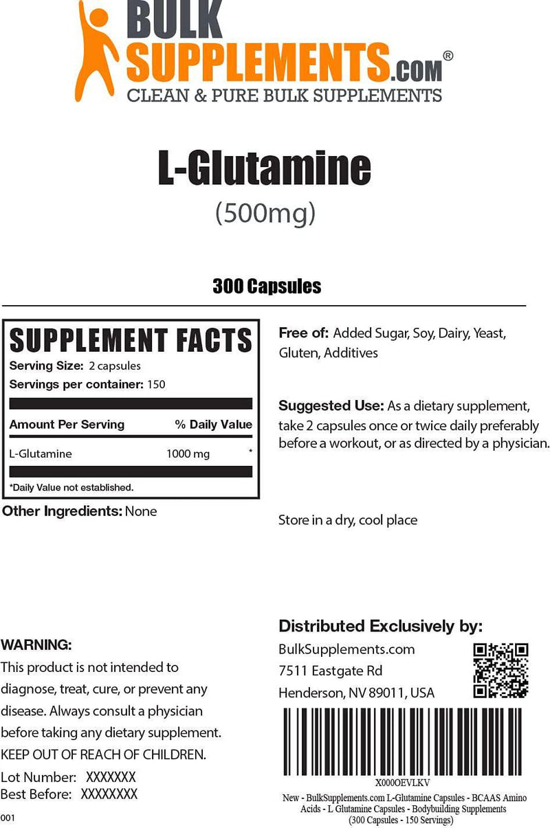 BulkSupplements L-Glutamine Capsules (300 Vegetarian Capsules)