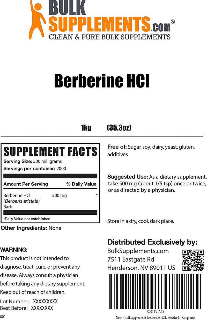 BulkSupplements.com Berberine HCl Powder - Berberine Supplements - Berberine 500mg Powder - HCl Supplement - Berberine HCl 500mg Supplement (1 Kilogram - 2.2 lbs)