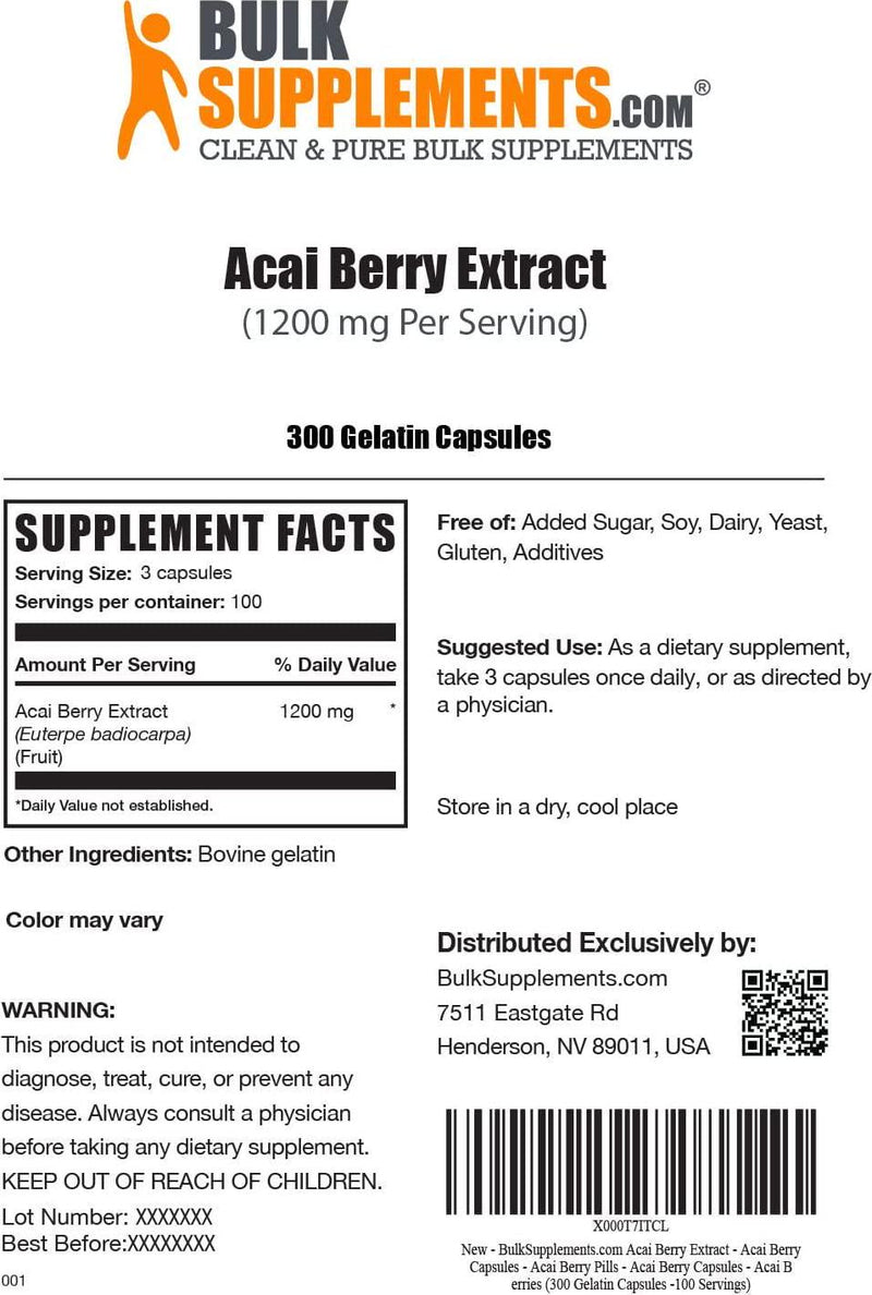 BulkSupplements.com Acai Berry Extract Capsules - Antioxidants Supplement - Acai Berry Supplement - Acai Berries Pills - Acai Berry Capsules (300 Gelatin Capsules - 100 Servings)
