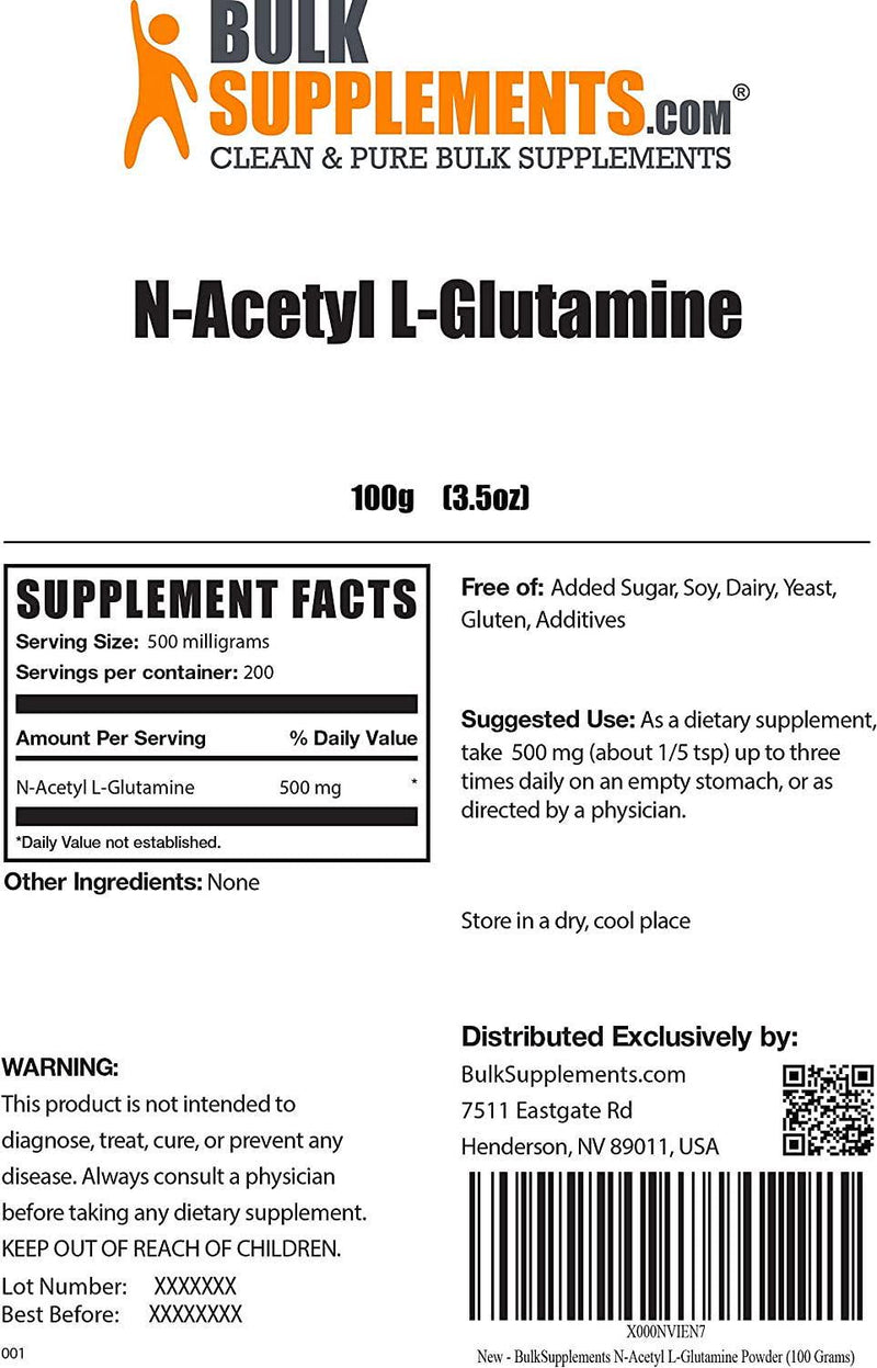 BulkSupplements.com N-Acetyl L-Glutamine Powder - BCAA Powder - Recovery Supplements Post Workout - Amino Acids Supplement for Women - Post Workout for Men (100 Grams - 3.5 oz)