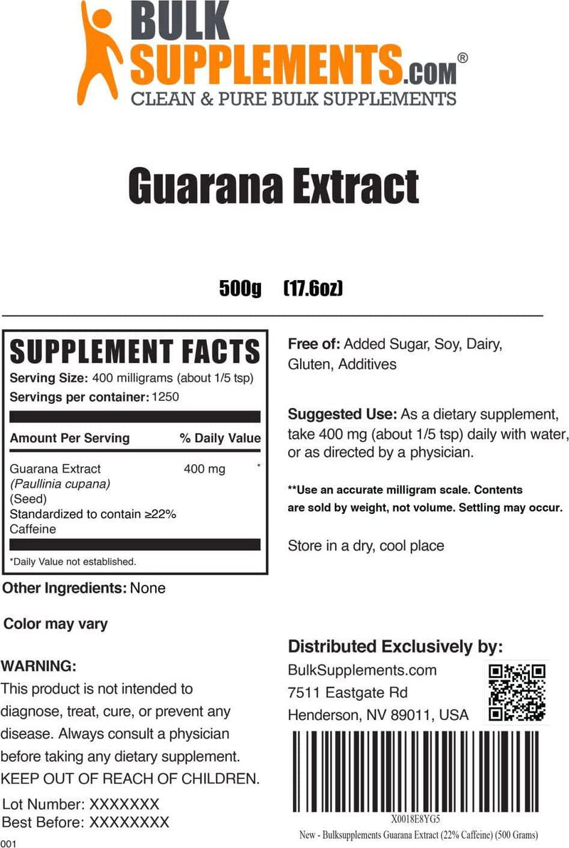 BulkSupplements.com Guarana Extract (22% Caffeine) - Caffeine Supplement - Caffeine Supplements - Caffeine Powder for Water (500 Grams - 1.1 lbs)
