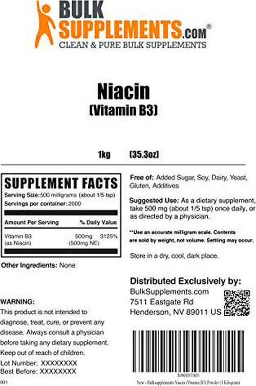 BulkSupplements.com Flush-Free Niacin (Inositol Hexanicotinate) Powder (1 Kilogram - 2.2 lbs)