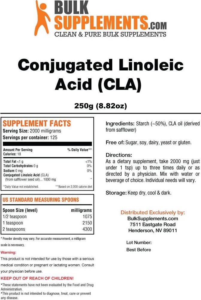 BulkSupplements.com Conjugated Linoleic Acid (CLA) Powder - CLA Supplements - Fat Loss Supplements - Stomach Fat Burner - Weight Loss Supplement (250 Grams - 8.8 oz)