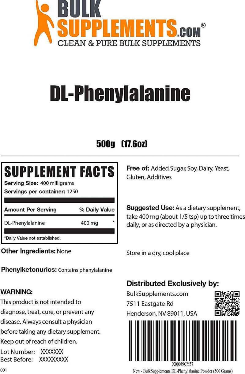 BulkSupplements.com DL-Phenylalanine Powder - DLPA Supplements - Brain Supplements for Memory and Focus - Brain Booster Supplement For Focus, Memory, Clarity, Energy (500 Grams - 1.1 lbs)