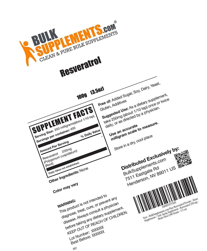 BulkSupplements.com Pure Resveratrol Powder - Heart Supplements - Anti Aging Supplement - Resveratrol 250 mg - Brain Juice - NAD Booster (100 Grams - 3.5 oz)
