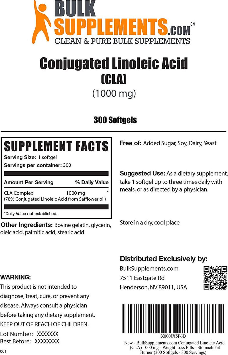 BulkSupplements.com Conjugated Linoleic Acid (CLA) 1000 mg - Weight Loss Pills for Women - Stomach Fat Burner - Weight Loss for Women - Weight Loss for Men - CLA Supplements - Weight Loss Supplement (300 Count - 300 Servings)