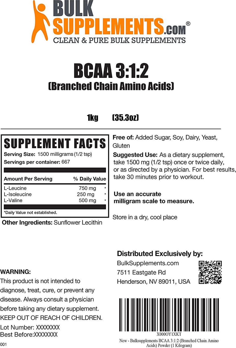 BulkSupplements.com BCAA 3:1:2 (Branched Chain Amino Acids) - BCAAs Amino Acids - BCAA Powder - Muscle Building Supplements for Men - BCAA Pre Workout - Amino Acid Powder (1 Kilogram - 2.2 lbs)