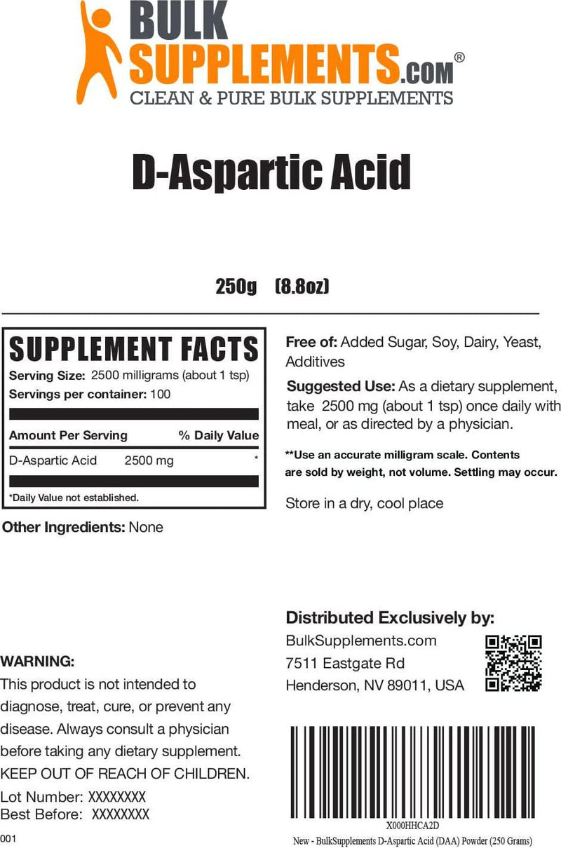 BulkSupplements.com D-Aspartic Acid Powder - Testosterone Booster for Men - D Aspartic Acid Powder - Testosterone Supplement for Men - DAA D-Aspartic Acid Supplement (250 Grams - 8.8 oz)