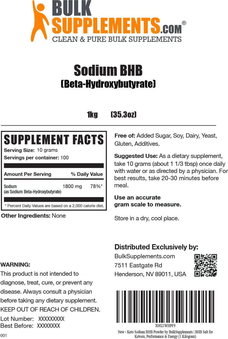 BulkSupplements.com Sodium BHB Powder - BHB Salts Powder - BHB Exogenous Ketones Powder - Keto Supplements - Beta Hydroxybutyrate Powder - Keto BHB Supplement (1 Kilogram - 2.2 lbs)