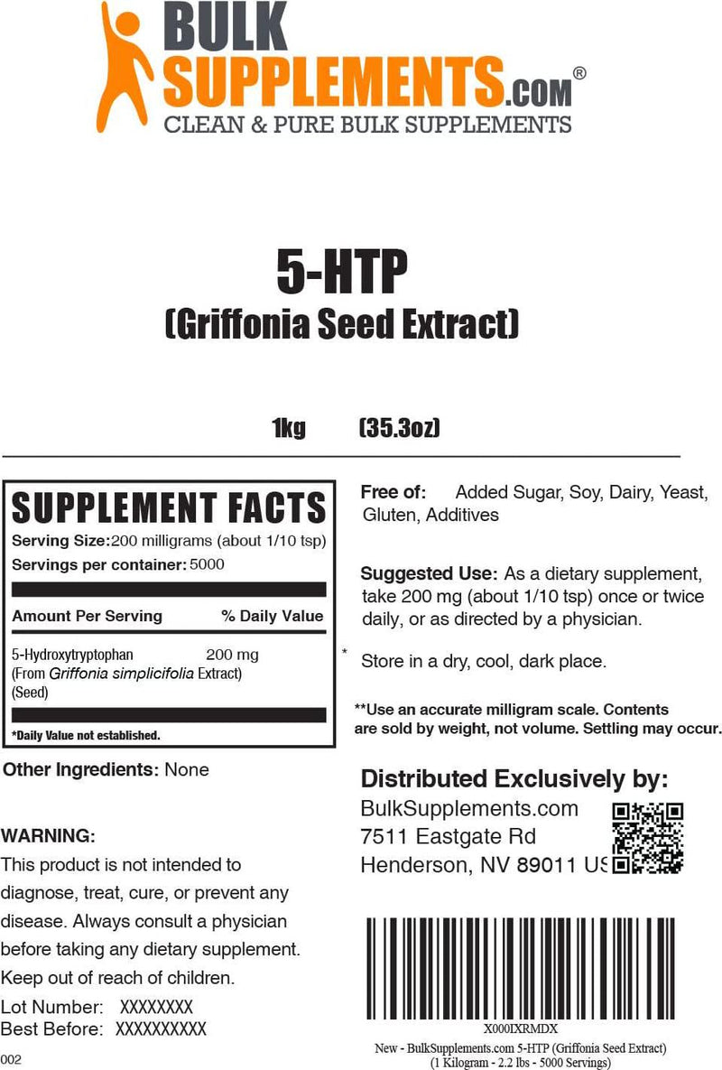 BulkSupplements.com 5-HTP (5-Hydroxytryptophan) Powder - Serotonin Supplement - Mood Boosting Supplement - 5 HTP Powder - Neurotransmitter Support - 5-HTP 200mg Supplement (1 Kilogram - 2.2 lbs)