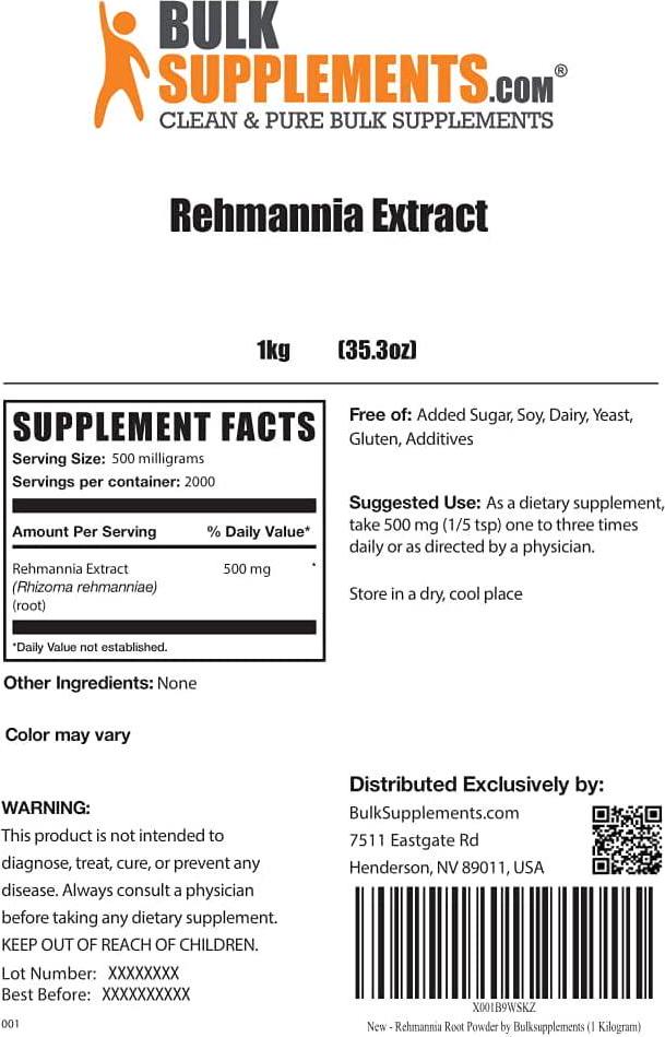 BulkSupplements.com Rehmannia Root Extract Powder - Kidney Support - Anti-Inflammatory Supplements - Herbal Rest - Kidney Supplement - Renal Vitamins - Adrenal Support For Dogs (1 Kilogram - 2.2 lbs)